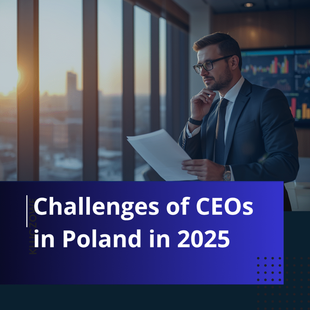Business executive reviewing documents in an office with the headline “Challenges of CEOs in Poland in 2025