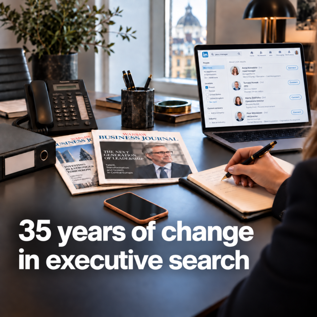 Female executive search consultant reviewing candidate profiles on a laptop beside a desk phone, business press and a smartphone.