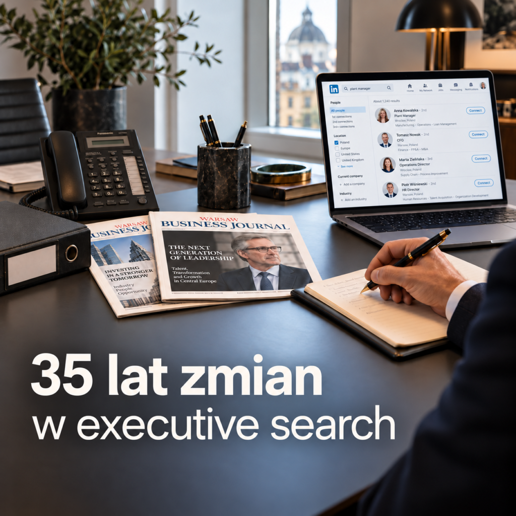 Biurko konsultanta z telefonem, Warsaw Business Journal, laptopem z profilami LinkedIn i napisem „35 lat zmian w executive search”