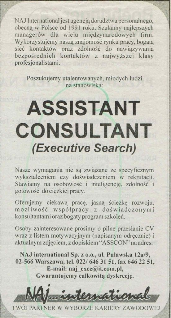 Archival NAJ International job advertisement from 1998 for an Assistant Consultant role in Executive Search.
